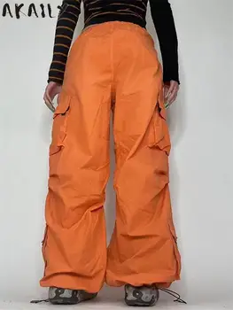 Akaily Rudenį Krovinių Baggy Kelnės Moterims Streetwear 2022 Orange Didelio Juosmens Pločio Kojos Lūžis Ponios Kelnės Tiesios Ilgos Kelnės 