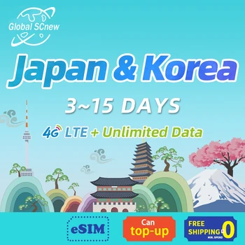 Japonija Korėja SIM kortelės, 3~15 Dienų neribotą duomenų 4G Didelio Greičio Palaikymo eSIM Didelės spartos kelionės