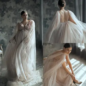 Linijos Motinystės Suknelės Tiulio Gėlių Appliqued Boudoir Suknelė Vestuvių Sleepwear Chalatai Nightgowns Suknelė Fotosesiją Rekvizitai