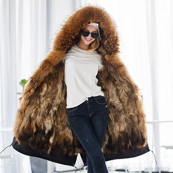 Maomaokong 2021, chaqueta de invierno Real de moda, abrigo de piel gamtos, cuello de piel de mapache realus, abrigo largo suelto