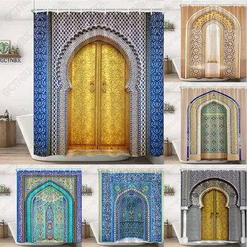 Maroko Geltona Senovinės Arkos Durų Dušo Užuolaidos Senojo Derliaus Medinės Durys, Vonios Kambarys Vandeniui Audinio Vonios Užuolaidos Kabliukai