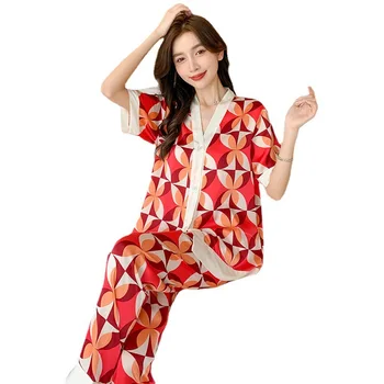 Moterų Pižama Nustatyti V Kaklo Dizaino Prabangūs Kryžiaus Laiškas Spausdinti Sleepwear Šilko, Pavyzdžiui, Namų Drabužių XXL Dydžio naktiniai drabužiai