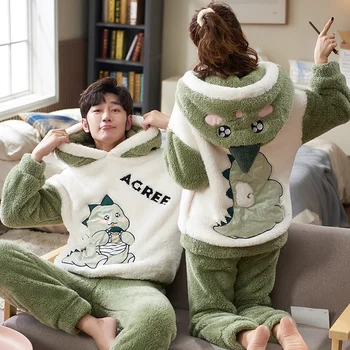 Porų Pižama Rinkiniai, Moterų, Vyrų Žiemos Tirštėti Pižamos Sleepwear Animacinių Filmų Dinozaurų Korėjos Mėgėjams Homewear Minkštas Šiltas Pijama Hoodies