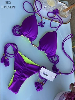 RUOTONGSEPT maudymosi Kostiumėliai, Thong Bikini Komplektas 2022 Naujus Mėlynos spalvos Maudymosi Moteris Seksualus Maudymosi Kostiumai Bikini Trikampis Tvarstis Moterų Paplūdimio